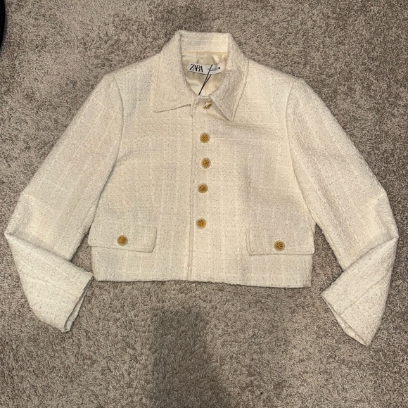 Zara Textured Bone Cropped Tweed Blazer NWT Sz Large - Picture 1 of 5